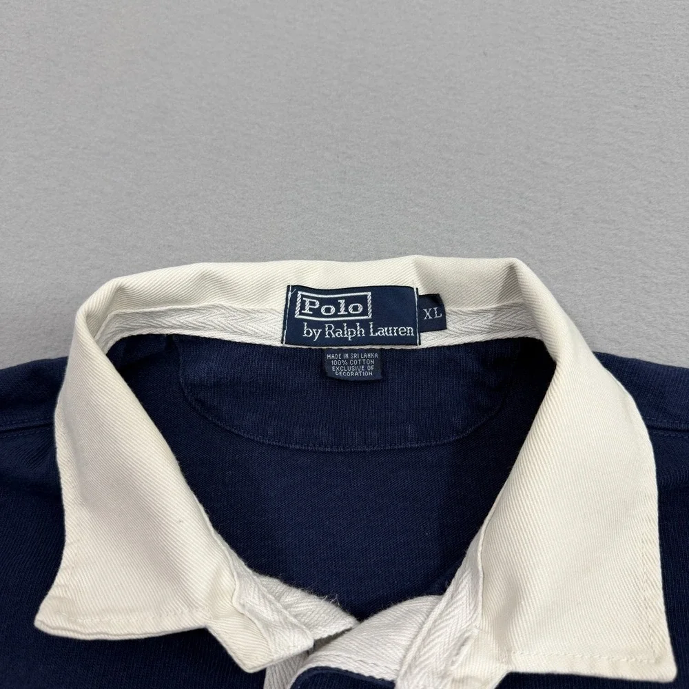 Vintage Polo Ralph Lauren Rugby Shirt XL Blue White Striped Crest Embroidered
